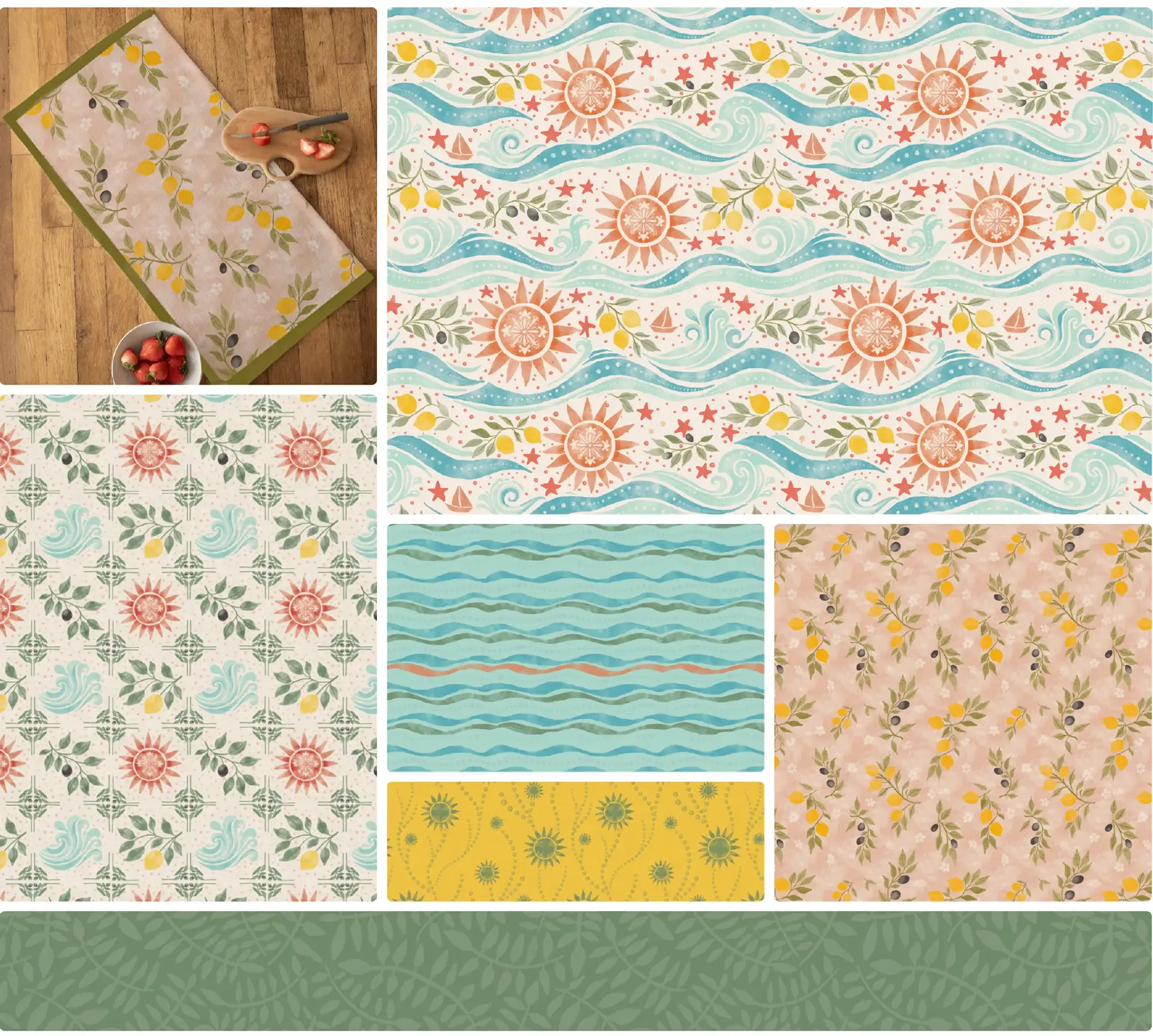 Watercolor Mediterranean coastal pattern with blue waves, lemons, olive branches, sun medallions, stars, and small sailboats on a warm cream background.