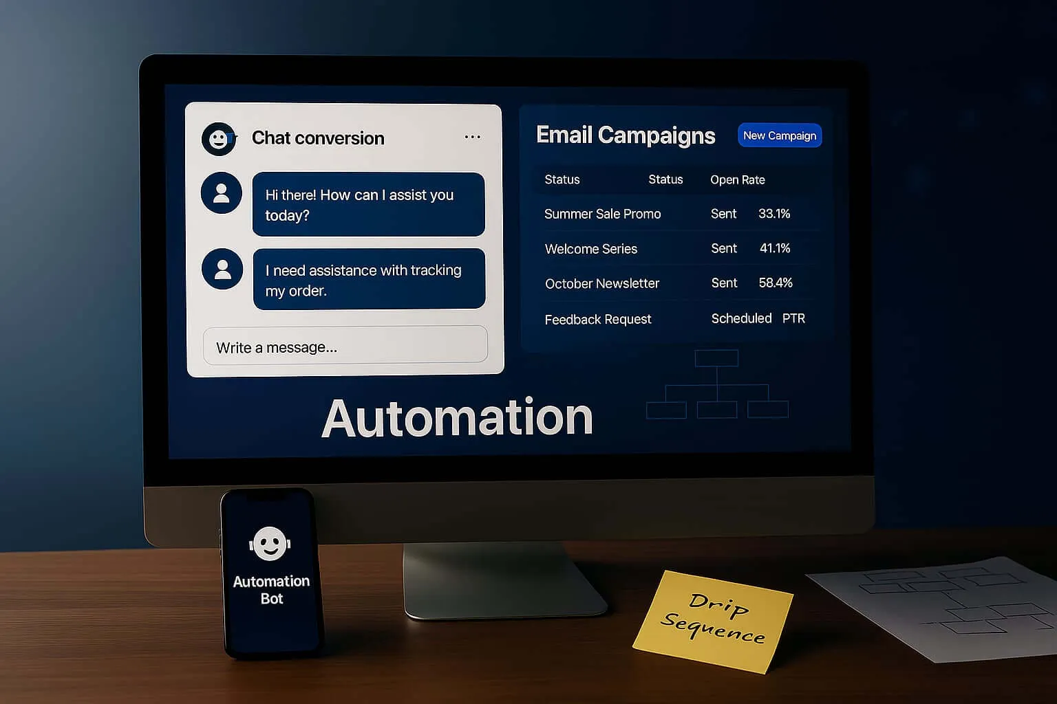 <alt=“Automation tools including chatbot support and email marketing dashboard on computer screen with drip sequence planning”>