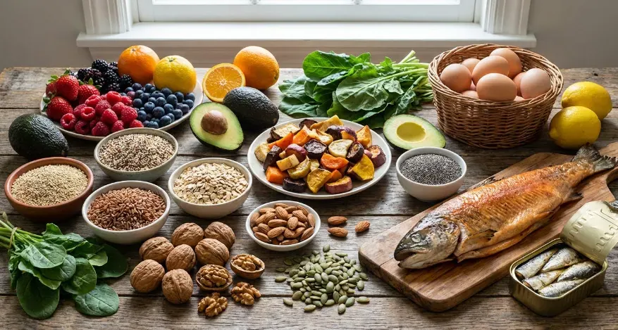 High-resolution spread of colorful fruits, vegetables, whole grains, nuts, seeds, eggs, and fish