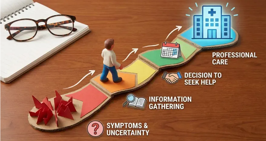 Step-based visual showing stages from symptoms to seeking professional care.