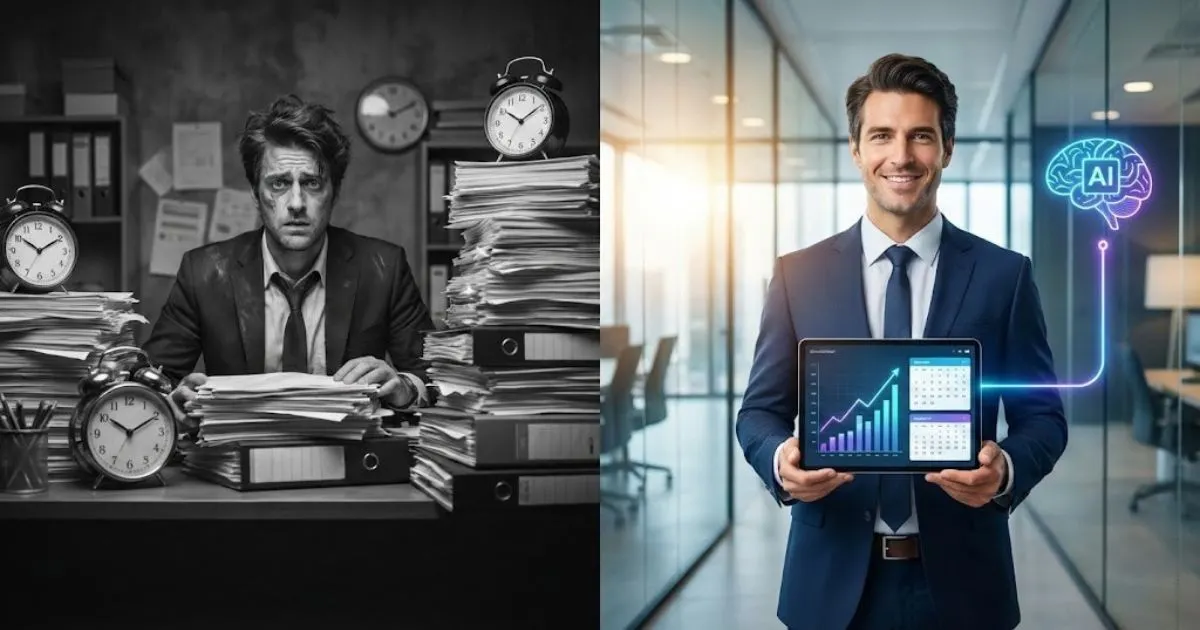 Comparison of manual work versus AI-leveraged business growth.