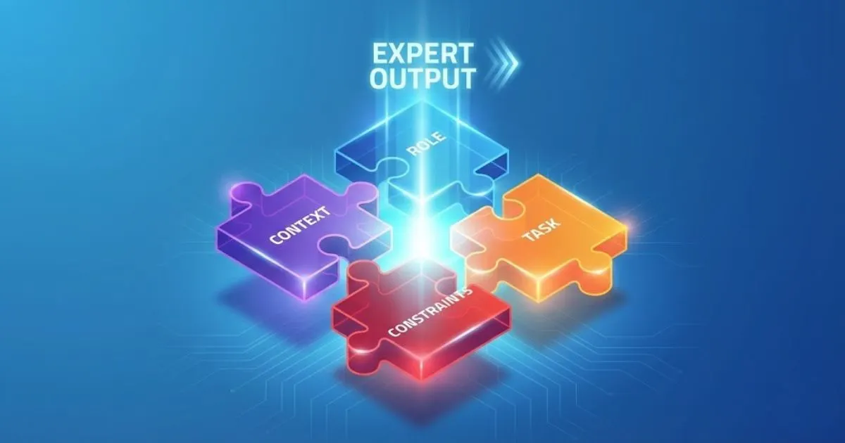 3D puzzle illustrating the four parts of a perfect AI prompt.