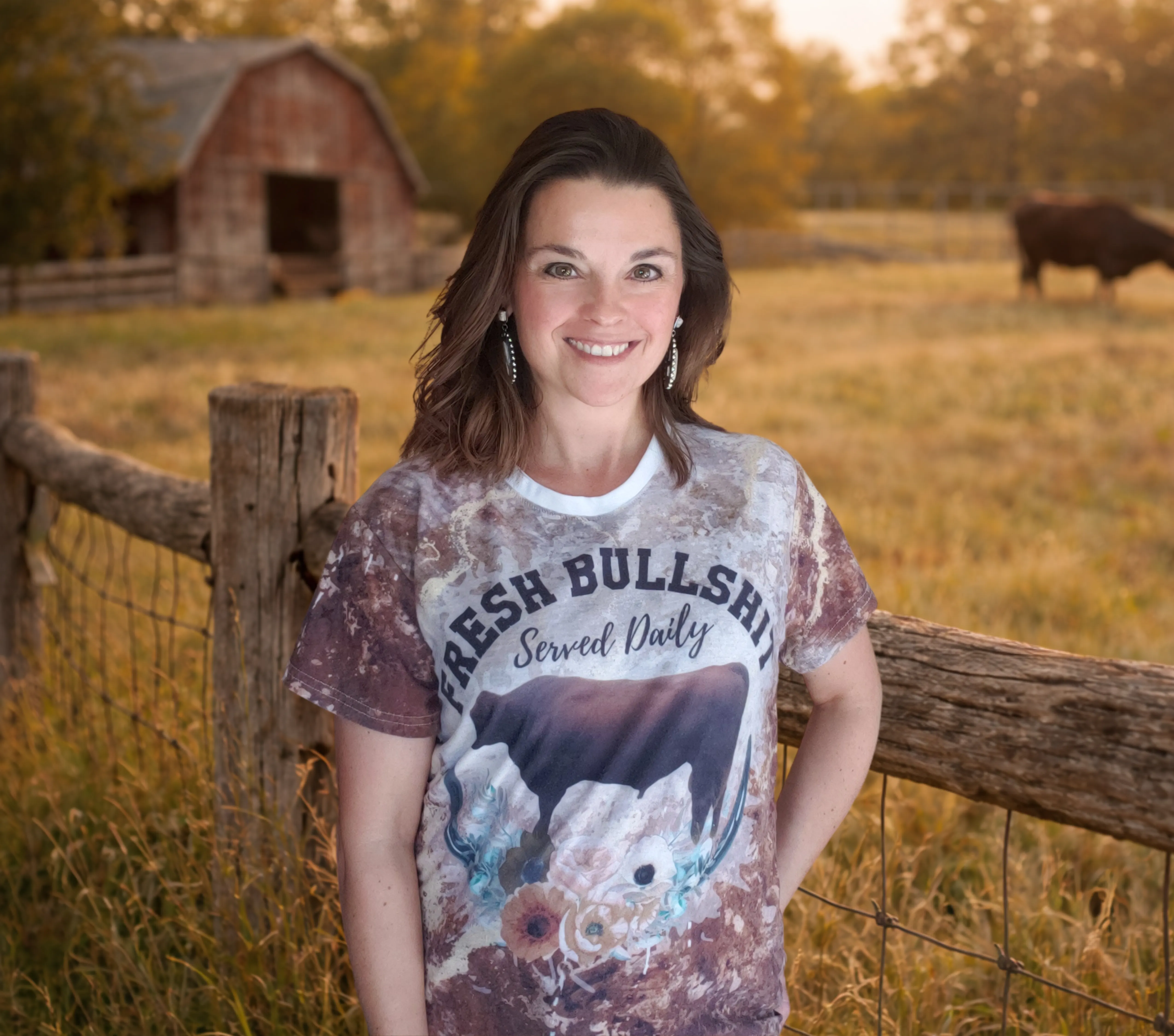 woman wearing a rustic t-shirt that says fresh bullshit served daily