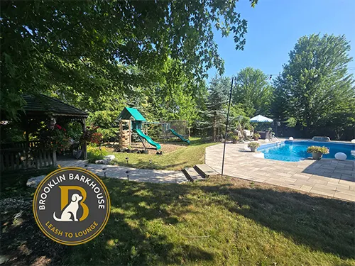Brooklin Barkhouse yard showing pool on right, play structure on left