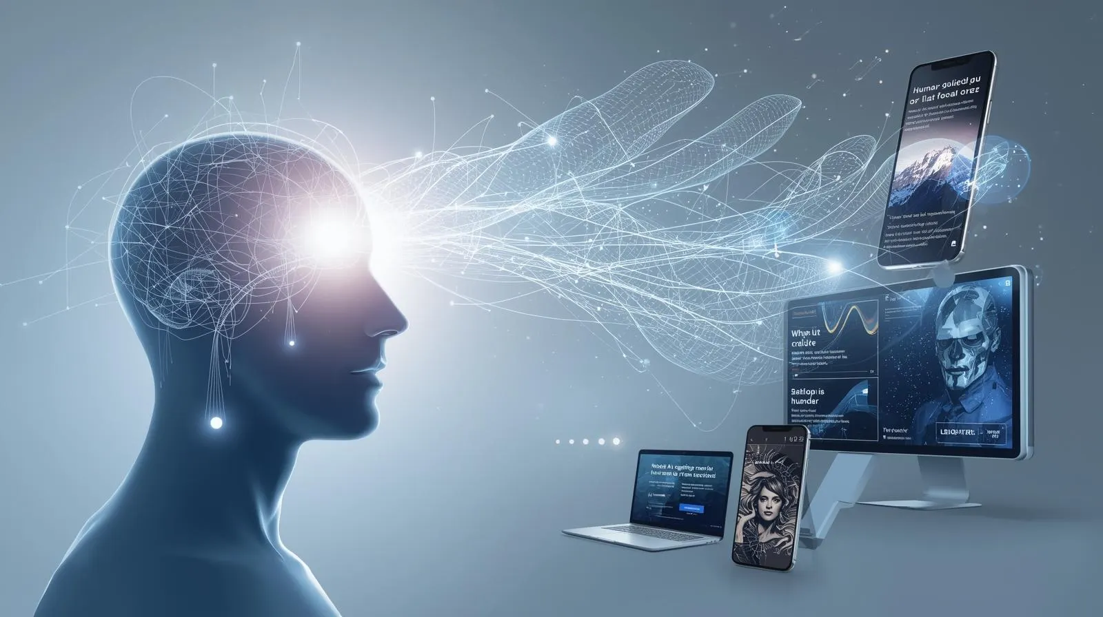A graphic representing the future of AI creative advertising, where human ideas guide generative AI to create compelling ads.