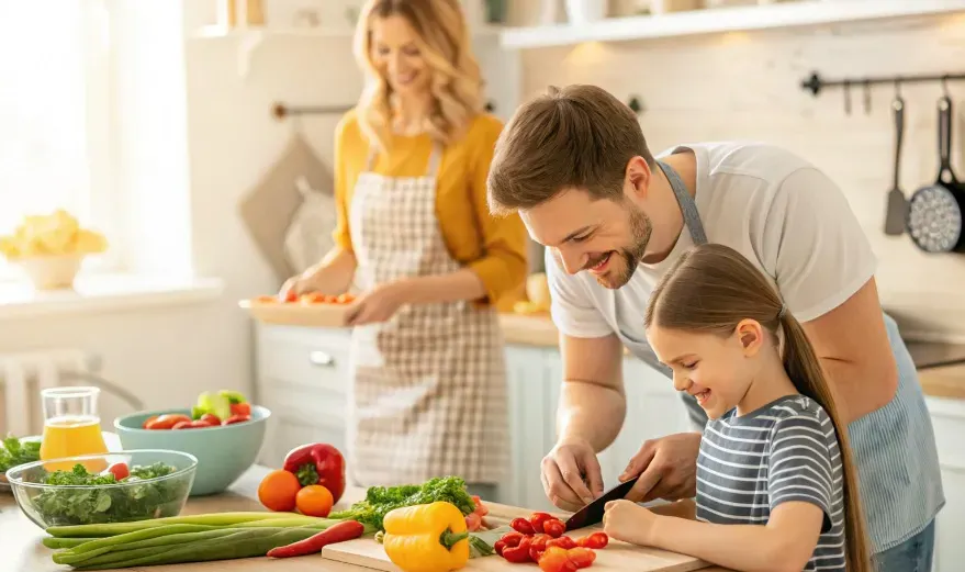 A young family engaged in meal preparation, focusing on chopping a variety of colorful vegetables in a bright kitchen. Style: Candid, warm tones