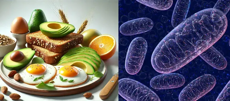 A plate of eggs, whole grain toast, and avocado next to an image of healthy mitochondria.