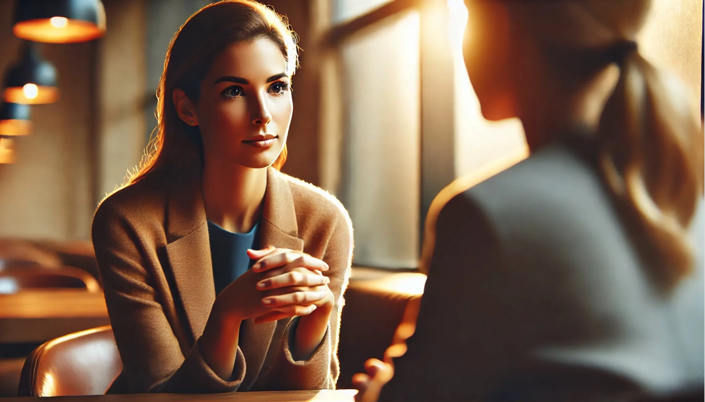 Two women professionals in a one-on-one conversation, with one actively listening and maintaining eye contact.