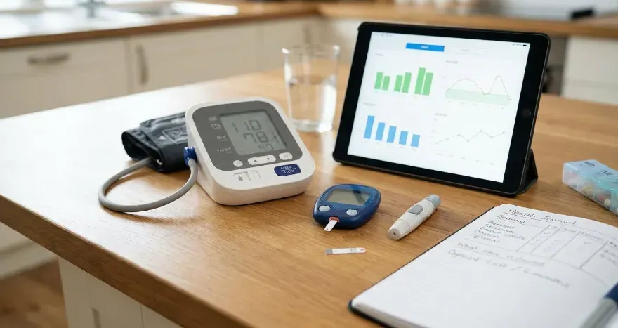Home monitoring devices such as blood pressure cuff and glucose meter used for tracking chronic health conditions.