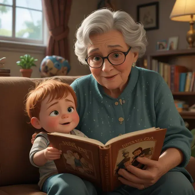 A loving grandparent reading a colorful storybook to an attentive toddler in a cozy living room.