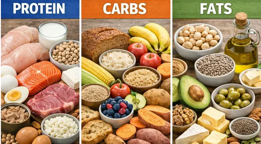 Visual comparison of protein, carbohydrate, and fat food sources