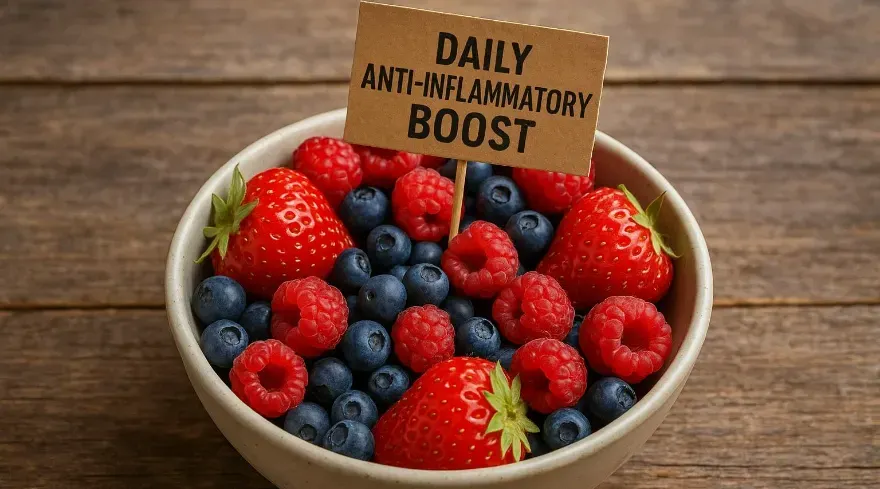 Bowl of anti-inflammatory berries on a wooden table