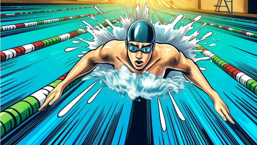 Cartoon of a man getting tired in the pool lanes.