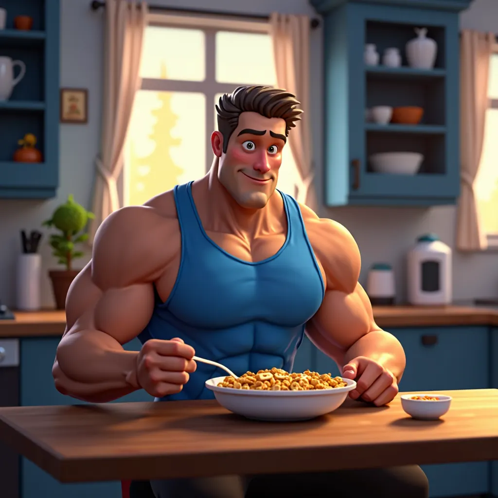 3D muscular man eating cereal