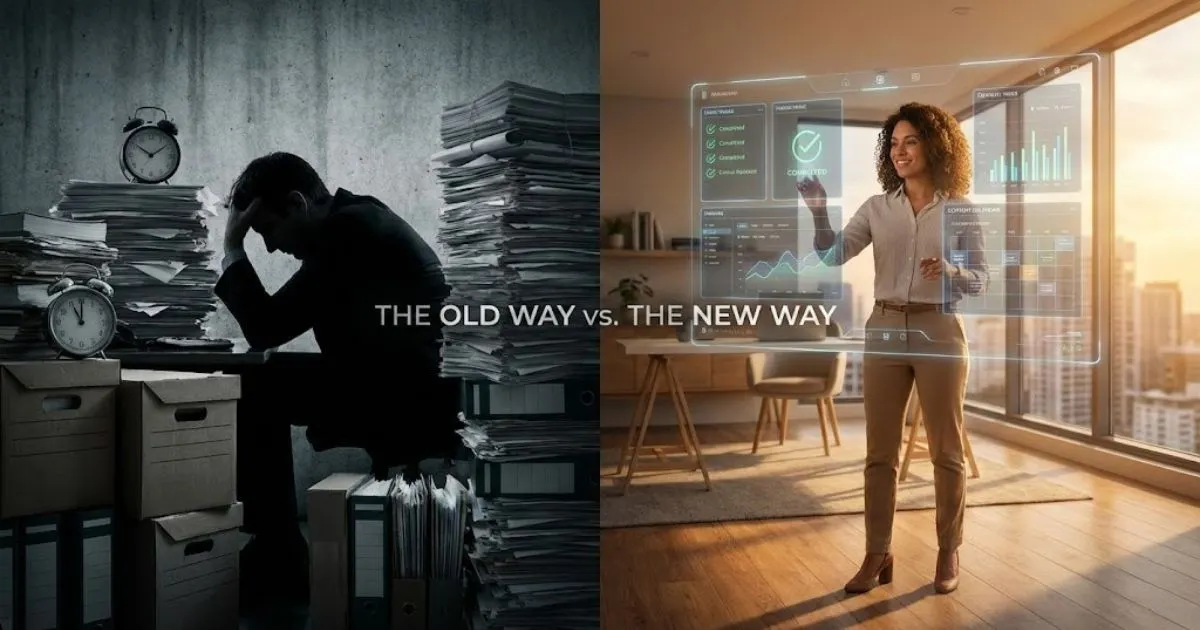 Comparison of a stressed business owner versus a confident entrepreneur using AI for startup efficiency.