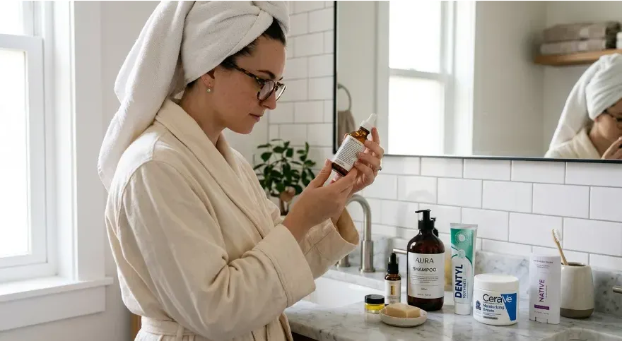Person examining the ingredient label on a cosmetic or skincare product to assess safety and formulation details.