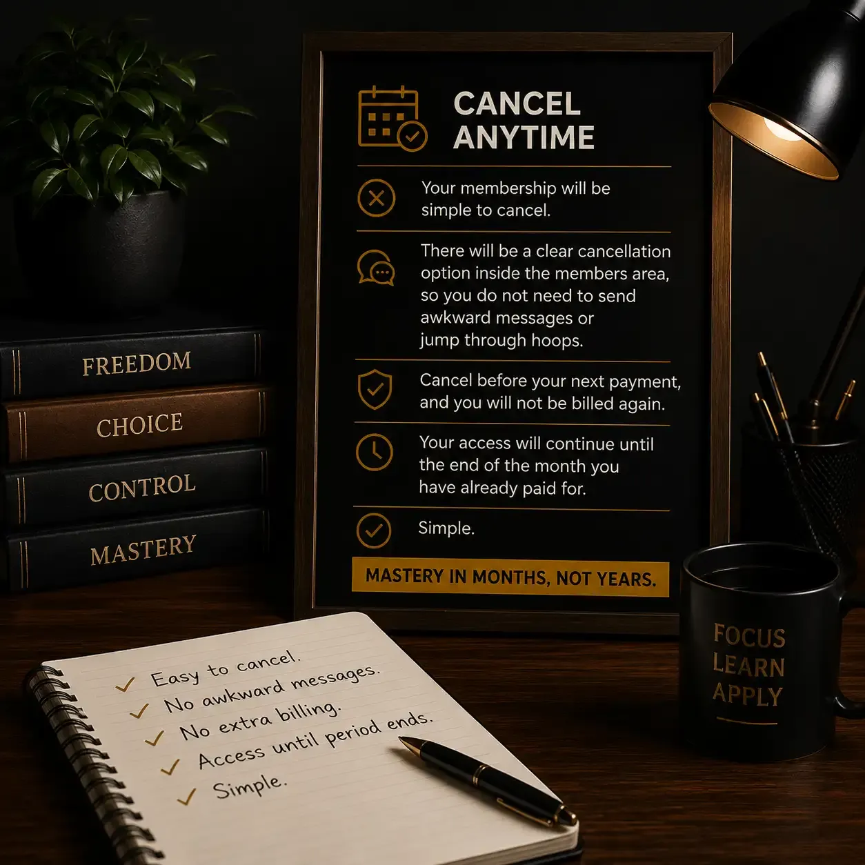 Moody black and gold desk image showing The Notice Club cancel anytime promise, simple membership cancellation, and access until the paid month ends.