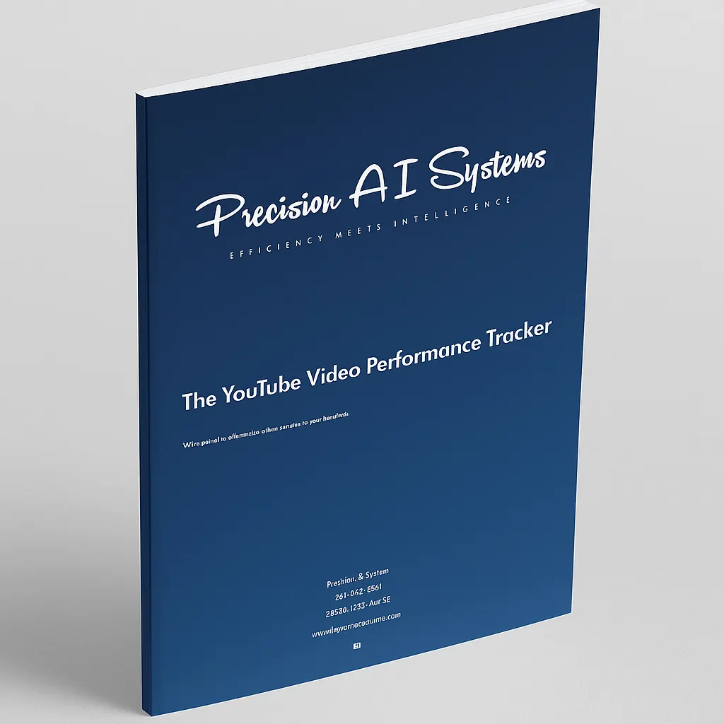 3D mockup of the YouTube Video Performance Tracker PDF from Precision AI Systems, showing the blue cover with logo and title on a light gray background.