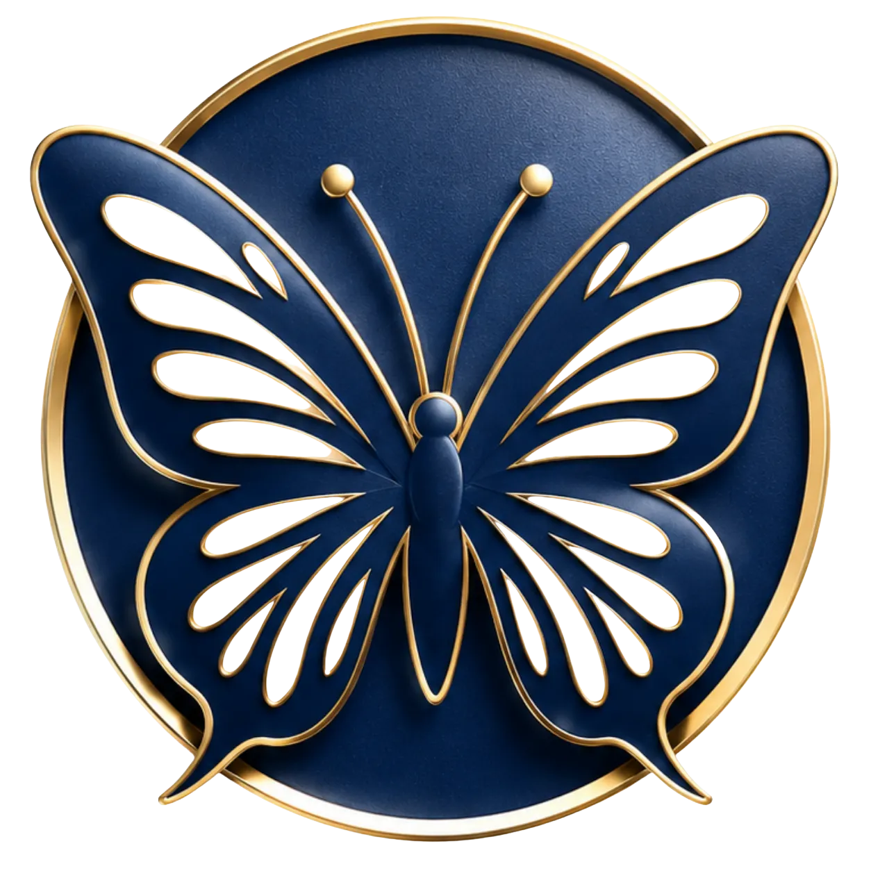 Elegant circular emblem featuring a stylized navy-blue butterfly outlined in metallic gold. The butterfly has symmetrical wings with elongated white inset markings, delicate gold-edged contours, and two slender antennae tipped with gold spheres. It is centered over a deep navy circular background surrounded by a thin gold rim. The refined navy, white, and gold design conveys transformation, renewal, elegance, and vitality, making the butterfly a strong visual symbol for personal and wellness transformation.