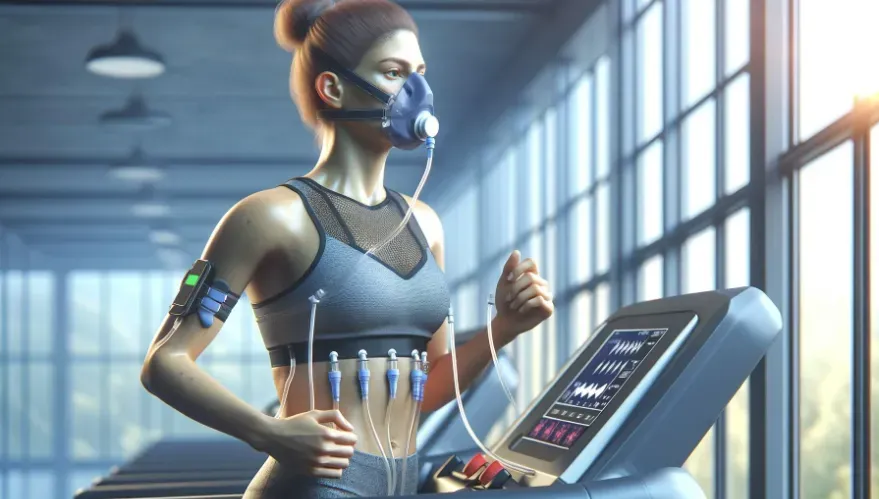 a woman on a treadmill wearing a VO2 mask going through a test.