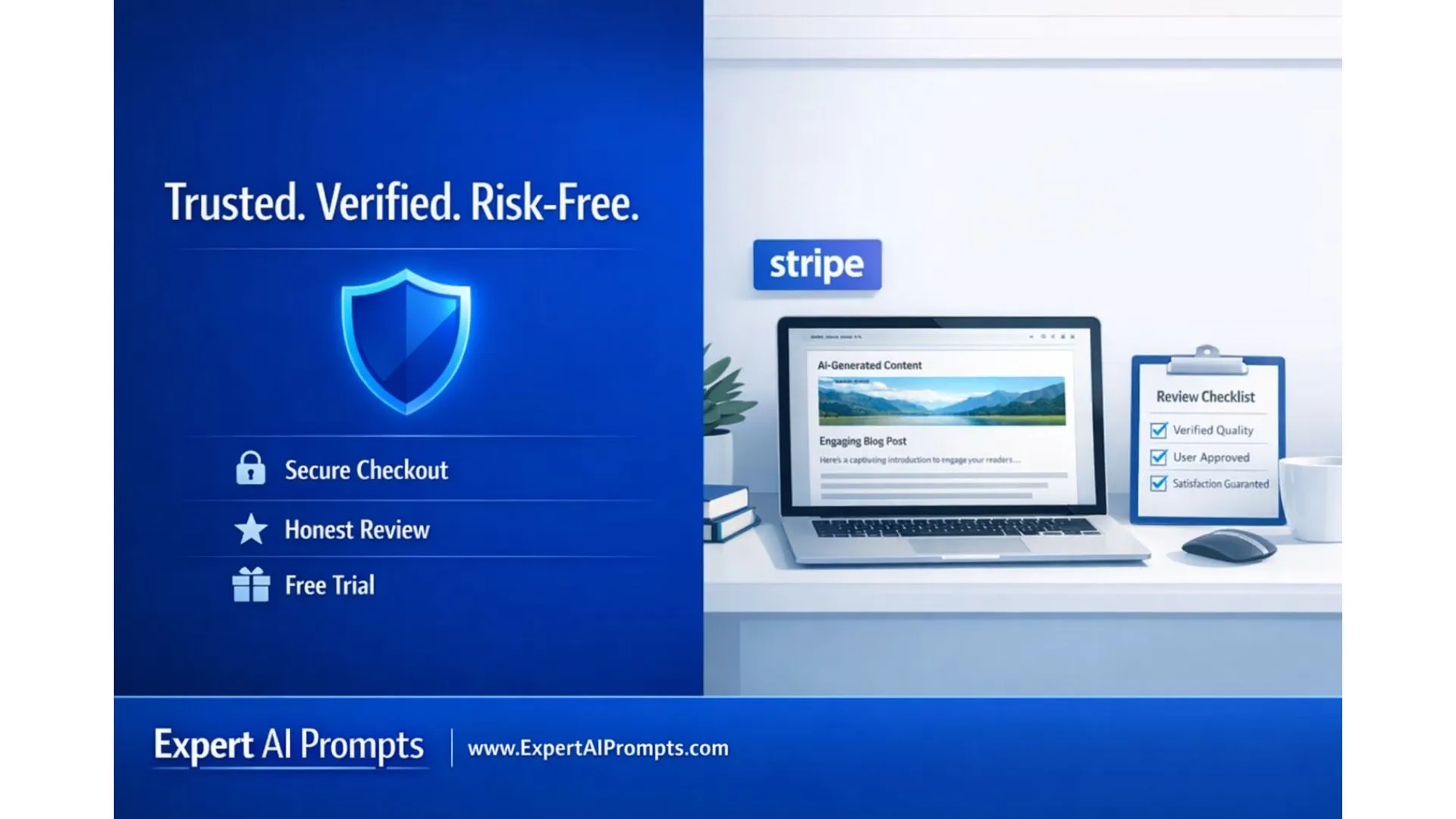 Expert AI Prompts trust and security category page — secure checkout, reviews, and free trial resources 