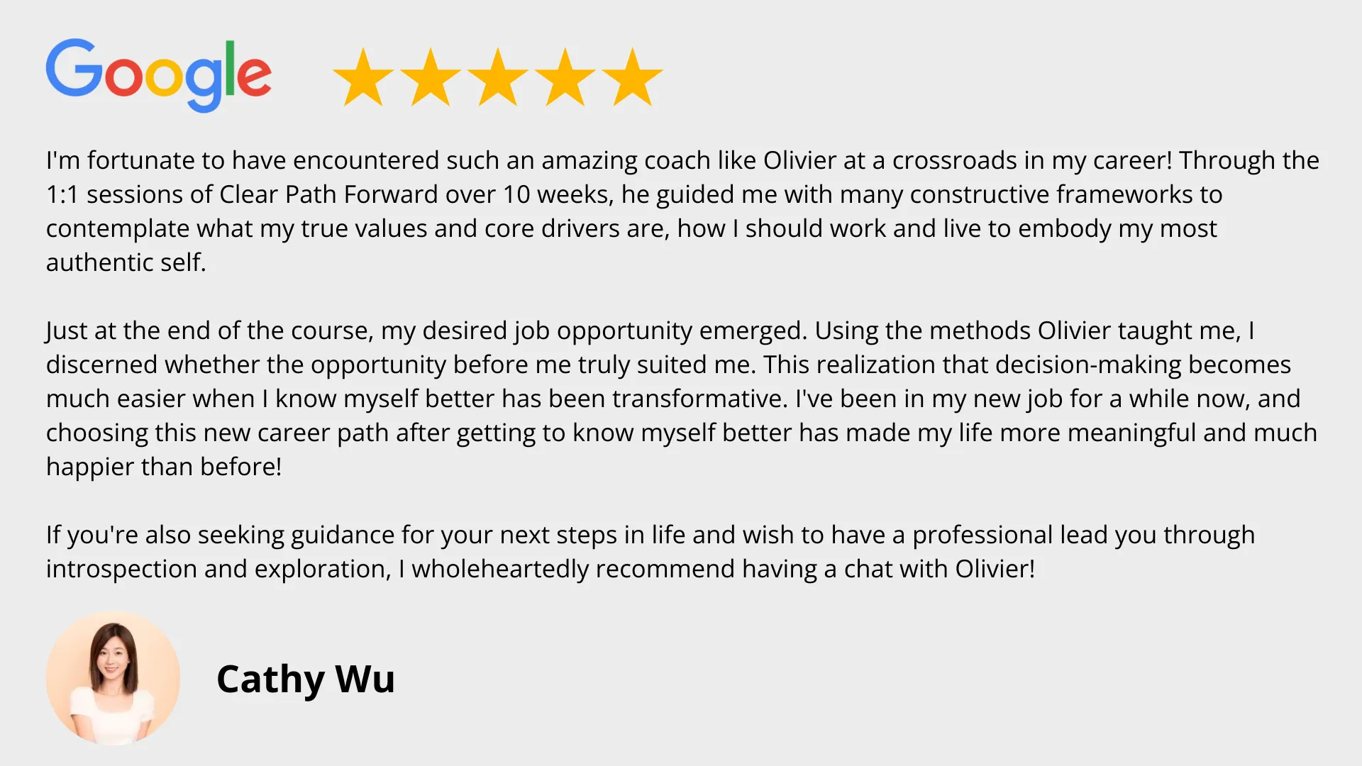 Cathy Wu Review of Olivier's Coaching