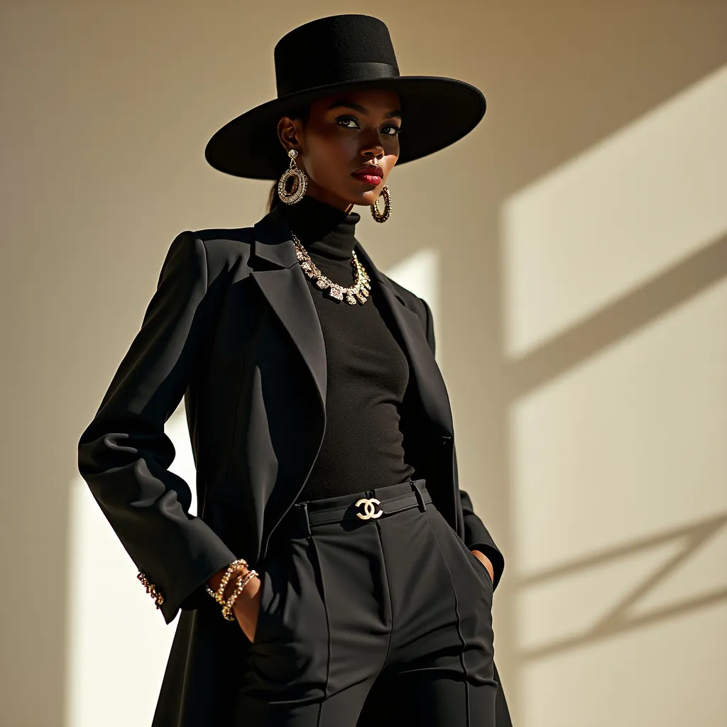 Black woman wearing hat and black Chanel outfit