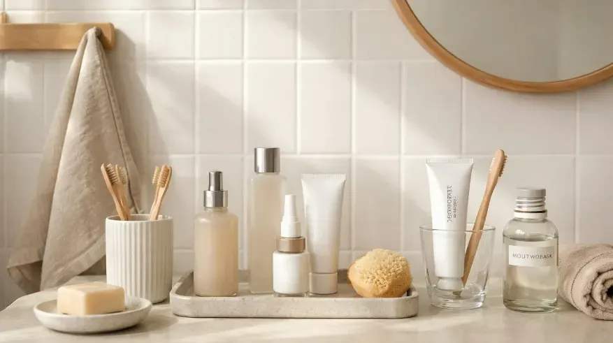 Calm bathroom scene with minimalist skincare and oral care products.