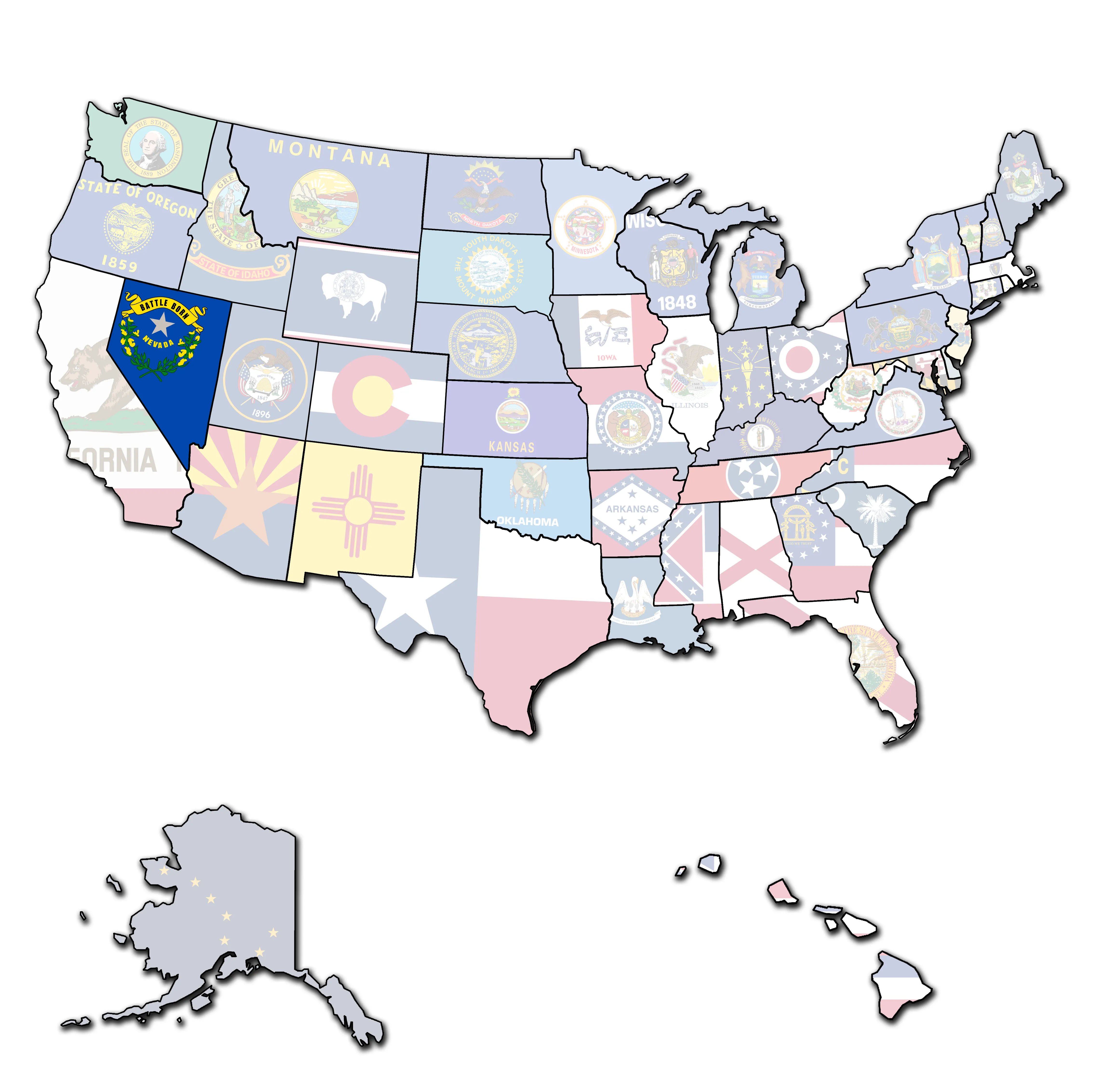 United States map showing Nevada highlighted with the Nevada state flag.