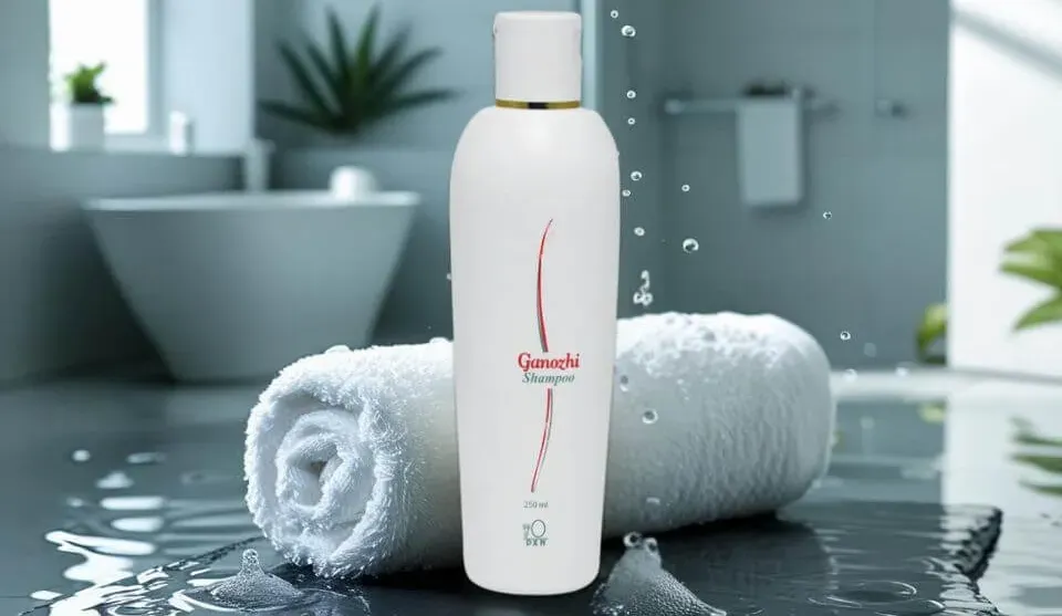Botella de Shampoo Ganozhi de DXN junto al hongo Ganoderma, la fórmula natural para un cuero cabelludo nutrido y un cabello saludable.