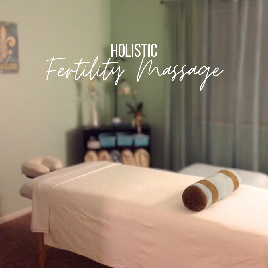 "A serene massage therapy setup with a neatly prepared table, soft lighting, and a calming ambiance, ideal for fertility massage. Text overlay states Holistic Fertility Massage.