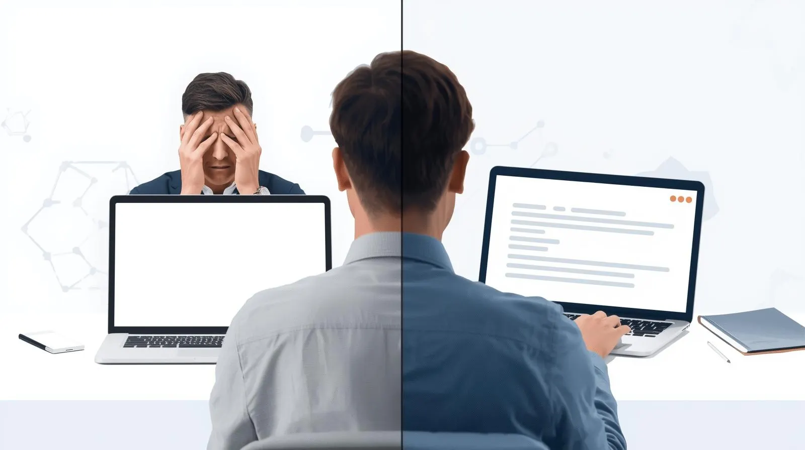 A collage comparing the frustration of writer's block with the efficiency of using the best AI writing tools for a small business.