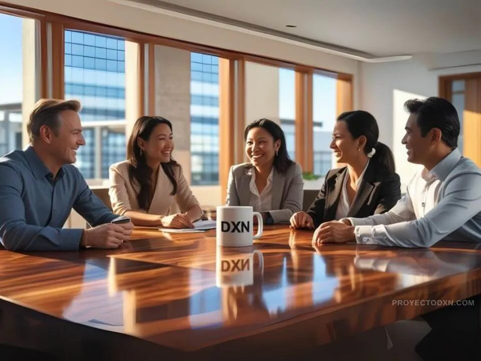 Equipo internacional de la comunidad Proyecto DXN colaborando en una reunión de crecimiento y negocio.