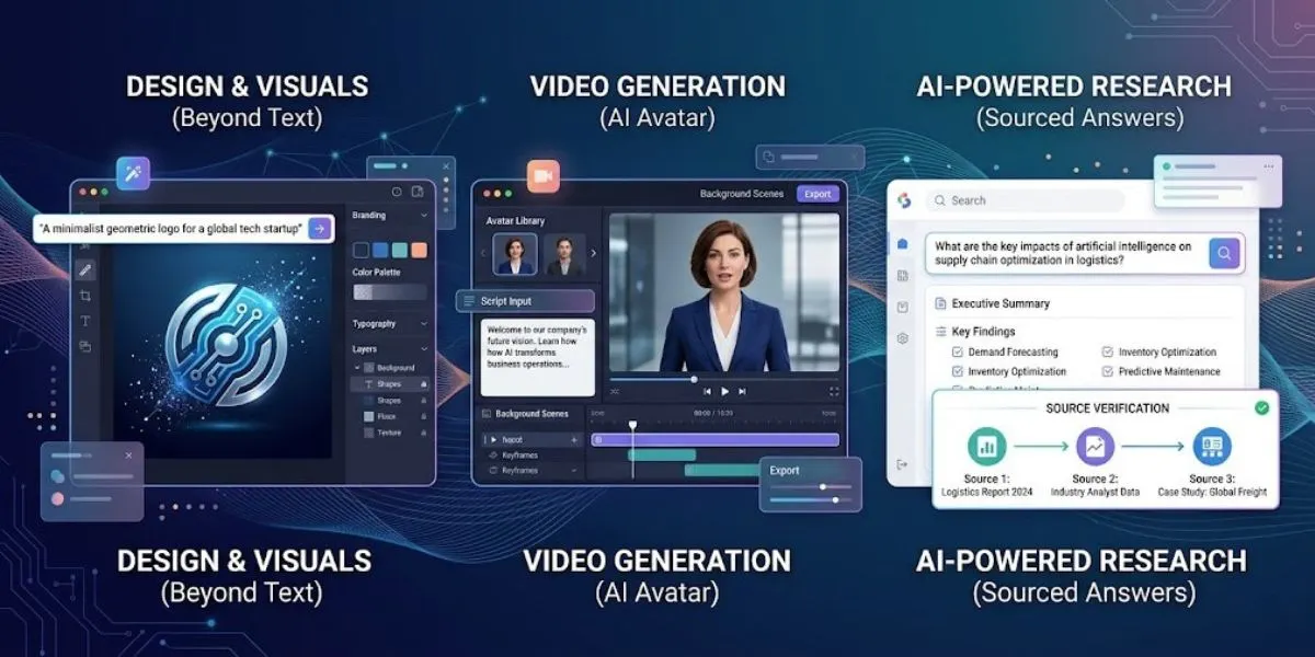 A collage of the top AI websites for business, showcasing AI tools for content creation in design, video, and research.