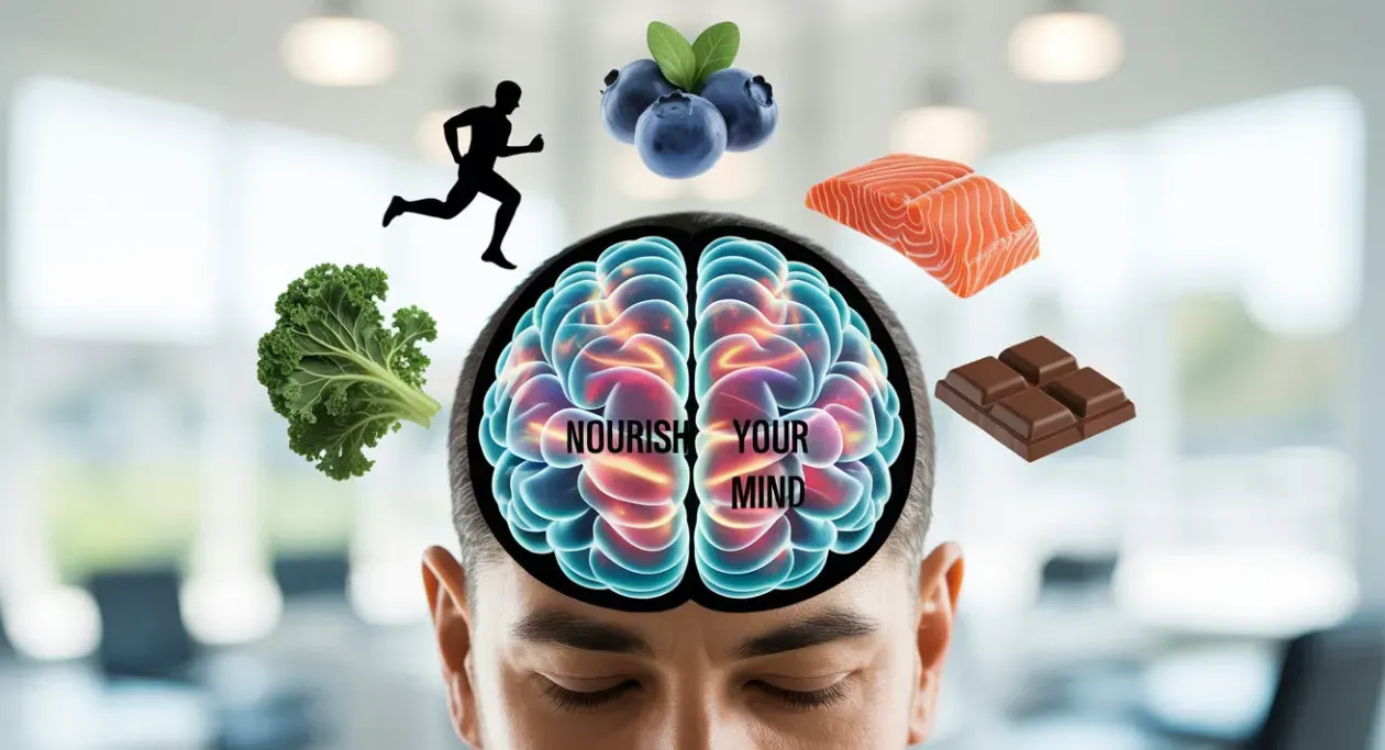 Brain surrounded by evidence-based brain-boosting elements: exercise, fruits, leafy greens, and healthy fats.