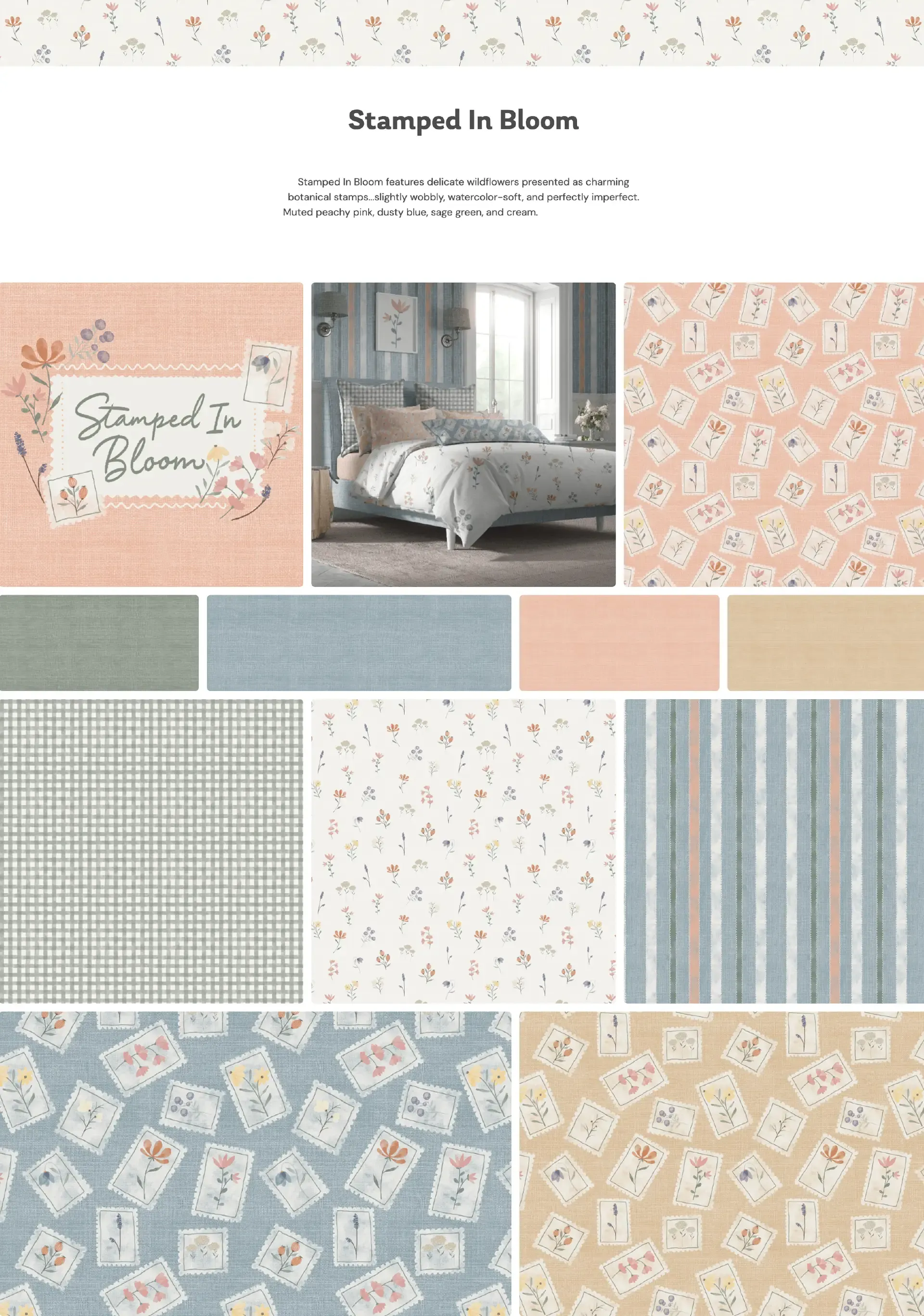 Stamped In Bloom floral surface pattern with vintage stamp-inspired botanicals on a soft blush background