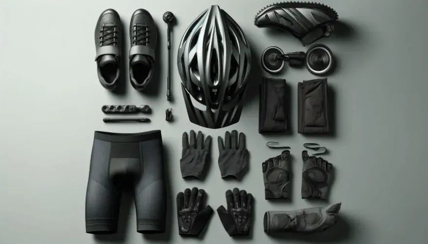 Bicycle gear laid out on table: helmet, gloves, shoes.