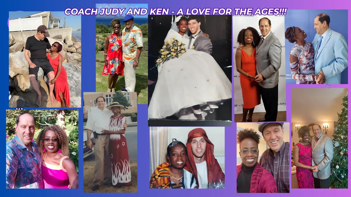 A colorful collage showcases Coach Judy Handwerker and her husband, Ken, across many years of marriage and shared experiences. The images include their wedding day, formal occasions, outdoor adventures, holiday gatherings, cultural celebrations, and casual selfies. The couple is pictured smiling, holding hands, embracing, and enjoying one another's company in a variety of settings. The title, 