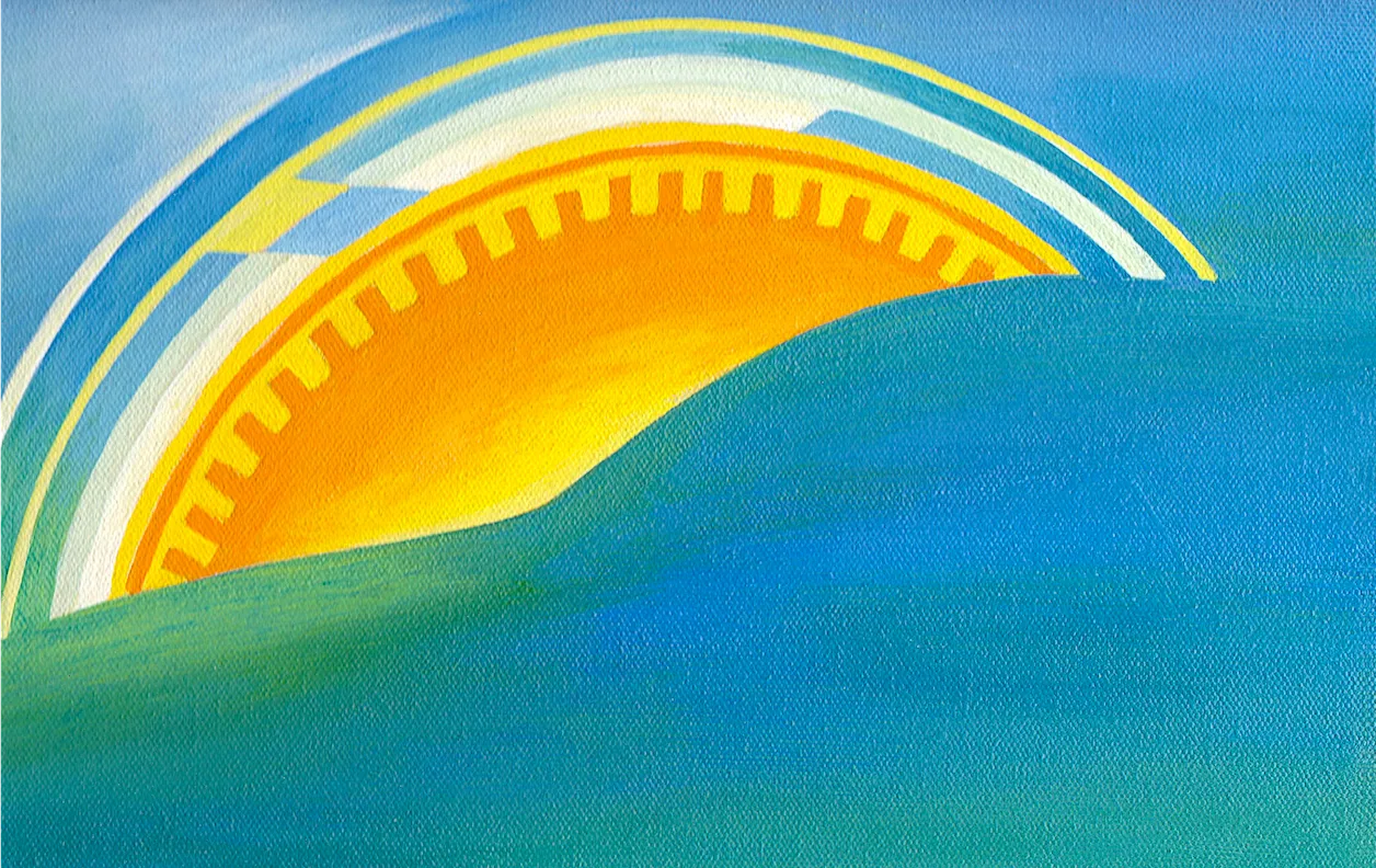 Acrylic painting titled, Ascension Timelines, shows a green pasture intermingling with the sky and half a sun with rays that look like a gear or cog wheel