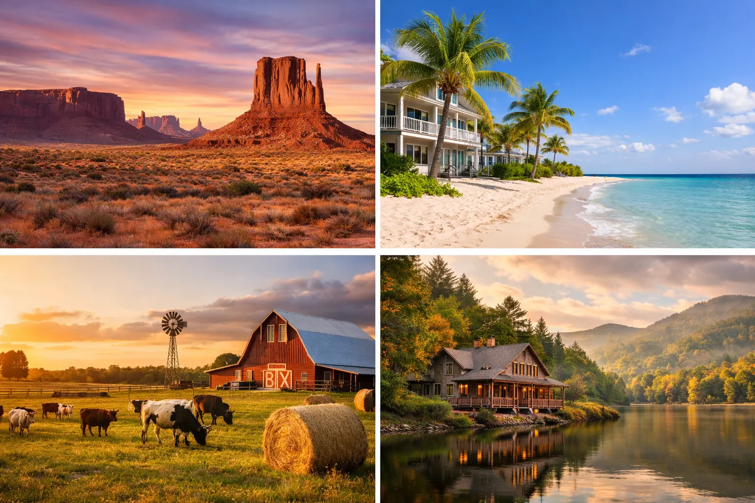 Four-image collage showing a Southwest desert landscape, a tropical beach, a Texas ranch scene, and a wooded mountain lake, representing regions where Land Avion buys land and properties.