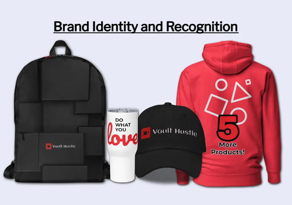 Assorted products displaying the Vault Hustle logo design titled “Brand Identity and Recognition,” highlighting cohesive branding across packaging, apparel, and digital assets.