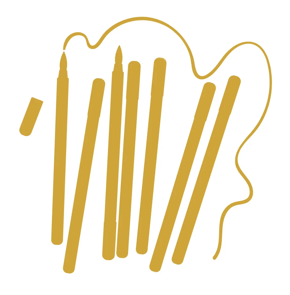 gold colored pens, pencils or markers with gold wavy line on white background icon