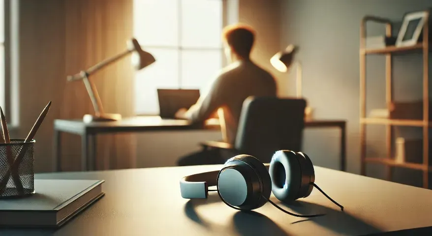 Serene workspace image featuring headphones on a desk with a person focused on a laptop in the background.