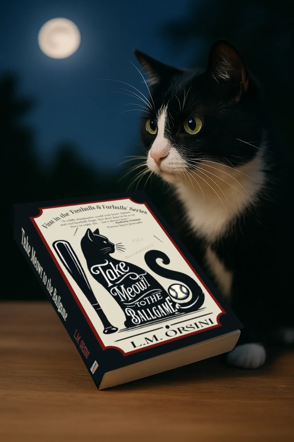 Tuxedo cat under moonlight with a copy of Take Meowt to the Ballgame by L.M. Orsini