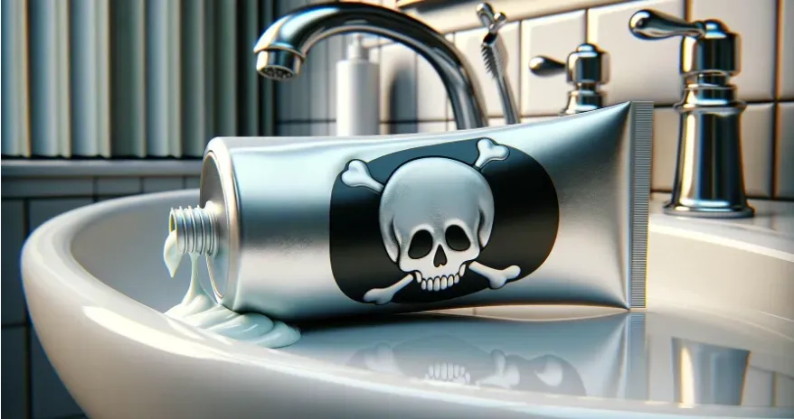 a toothpaste tube on its side on a bathroom sink, with a skull icon on the tube and toothpaste oozing out.