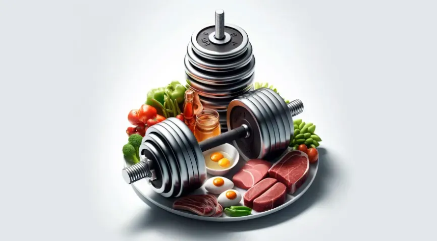 Plate of protein rich foods next to weights to represent how to build muscle.