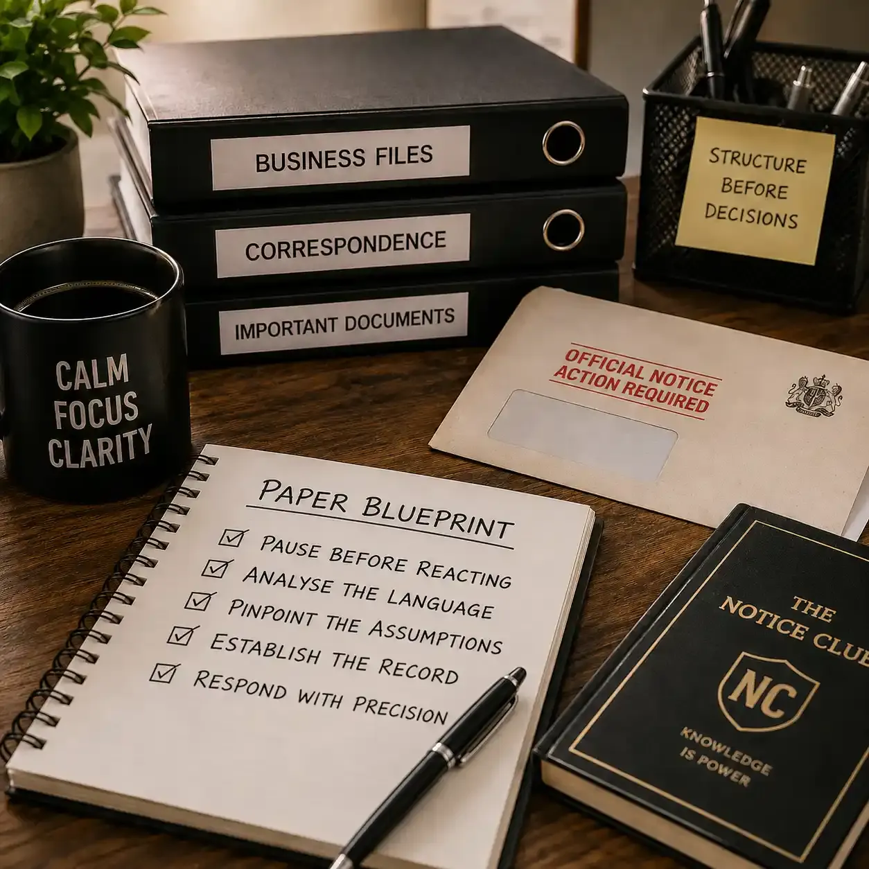 Organised desk showing The Notice Club PAPER Blueprint on a notebook beside official-looking paperwork, business files, and calm focus stationery.