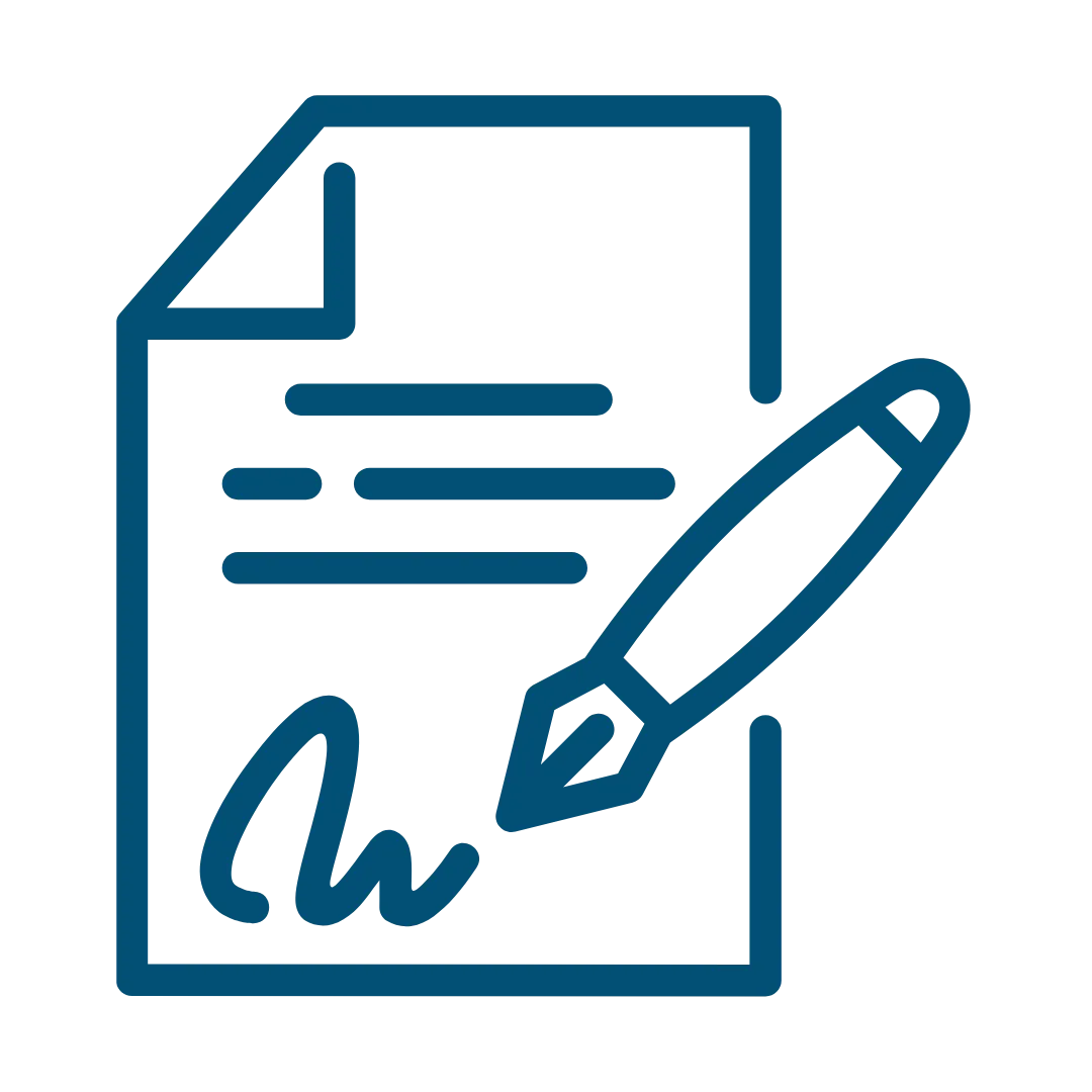 Icon of a document with lines representing text and a pen signing the bottom of the page, symbolizing the act of signing a contract or agreement. The design is simple and outlined in blue.