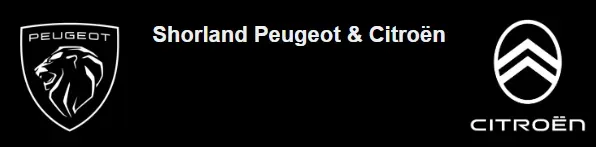 Logo for Shorland Peugeot & Citroën featuring the Peugeot lion emblem on the left and the Citroën double chevron logo on the right. The company name 'Shorland Peugeot & Citroën' is centered between the two logos in white text, all set against a black background, highlighting the partnership between the two car brands.