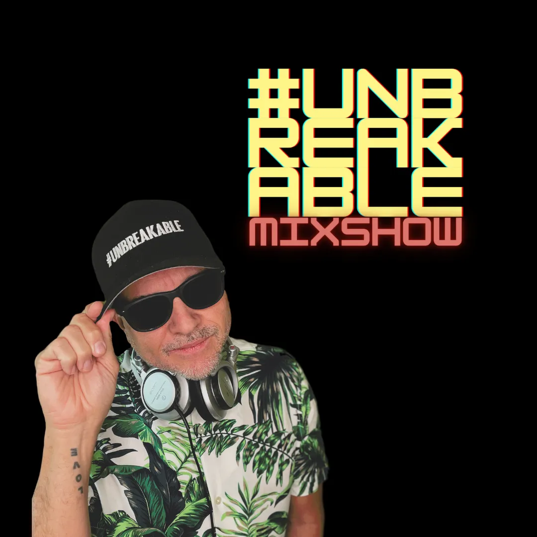 #UNBREAKABLE Mixshow logo with Tony Jacobsen wearing pattern shirt and a black hat with sunglasses